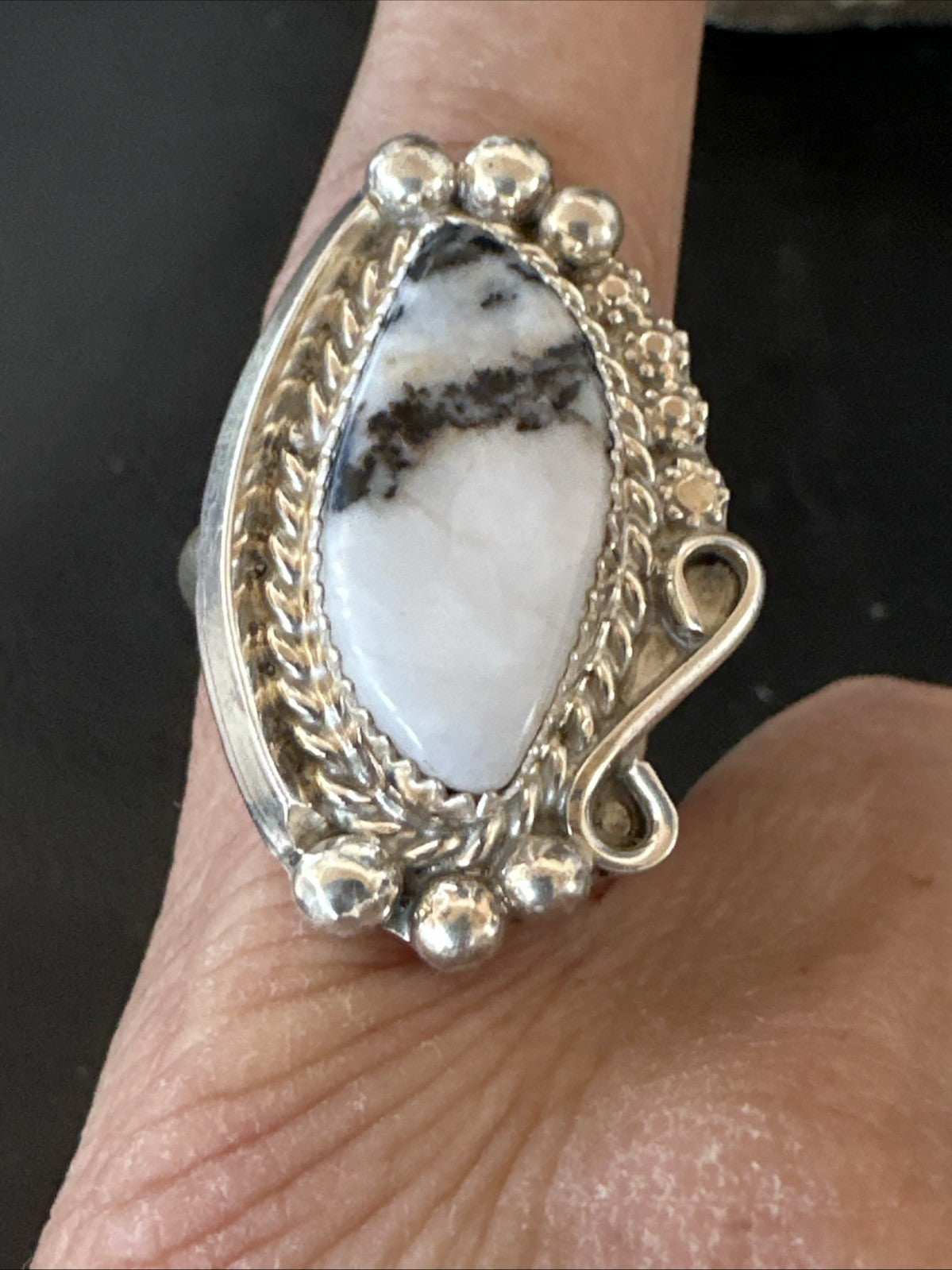 Black White Buffalo Turquoise Navajo Sterling Silver Ring Size 11 19811