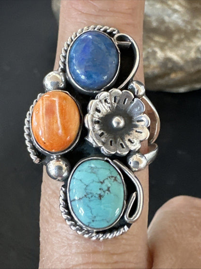 Multicolor Ring Turquoise Spiny Navajo Sterling Silver Cluster Size 8 19186