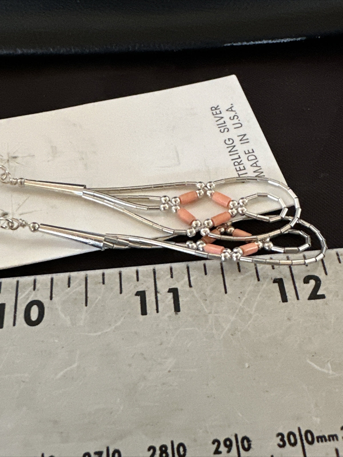 Pink Coral 2 Strands Heishi Liquid Sterling Silver Dangle Earrings 2" 17983