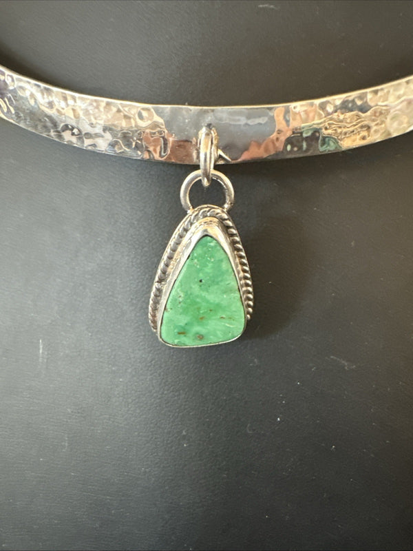 H Joe Navajo Sterling Silver Green Turquoise Collar Choker Necklace 15” 19437