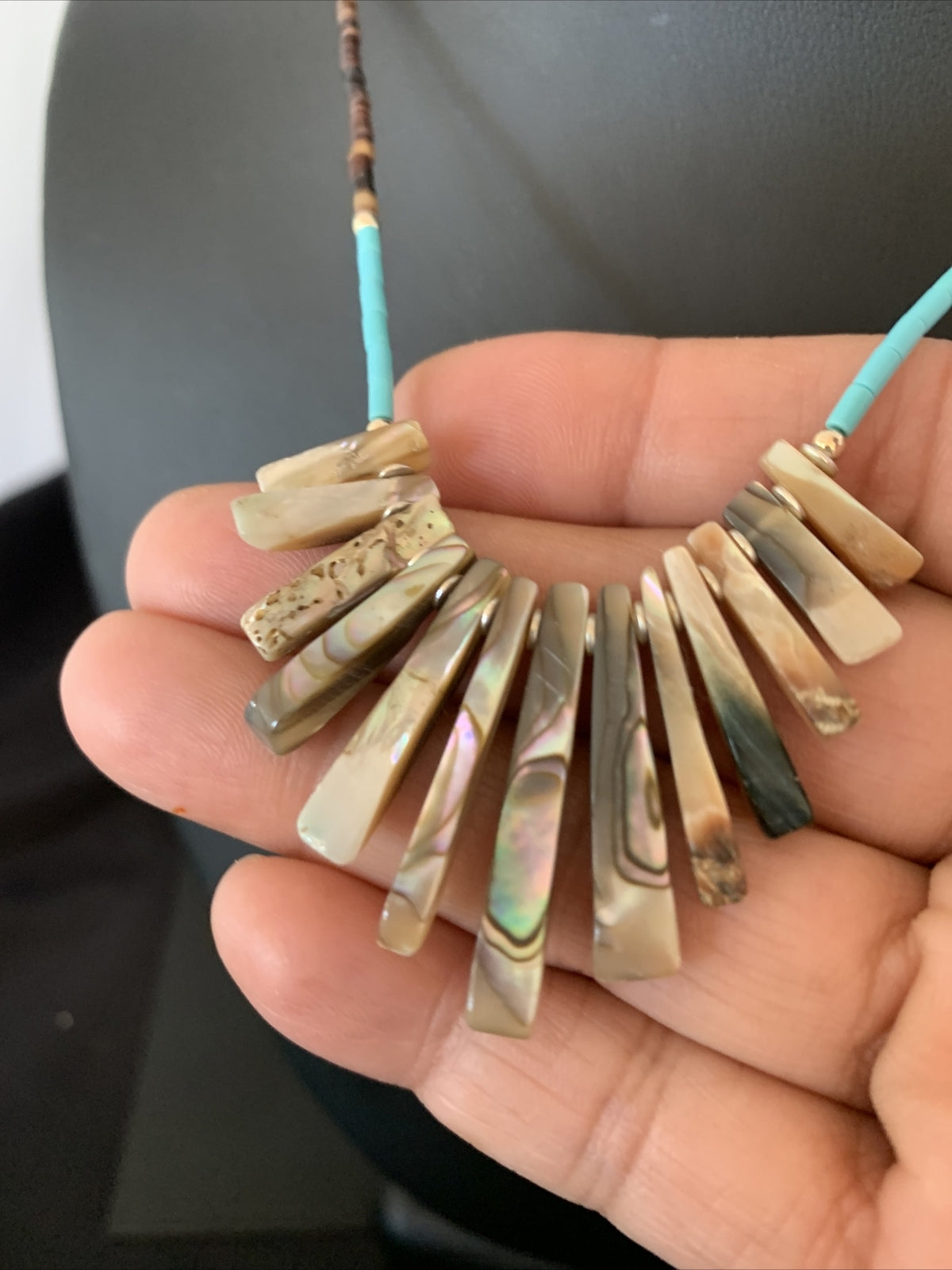 Blue Turquoise & Pava Shell Heishi Navajo Sterling Silver Necklace 01689