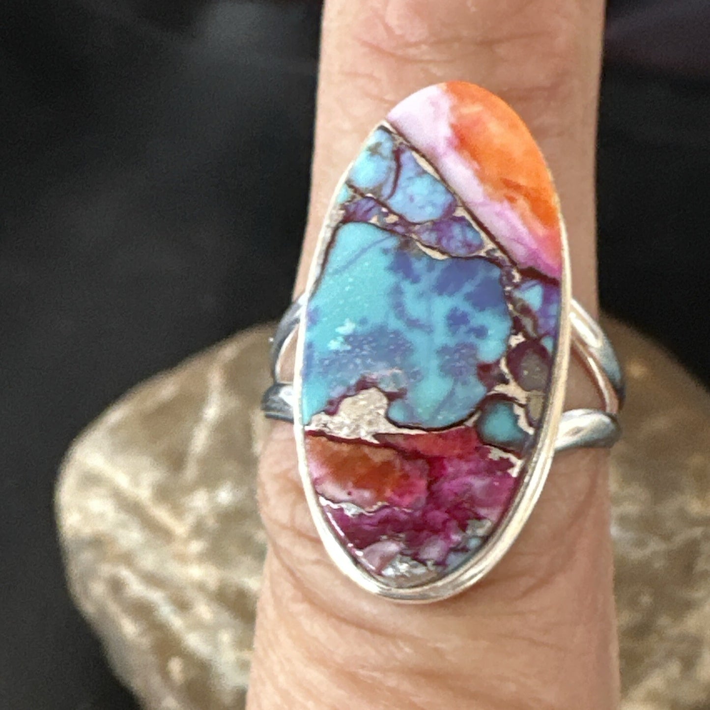 Blue Turquoise Spiny Oyster Southwestern Sterling Silver Ring Size 7 18496