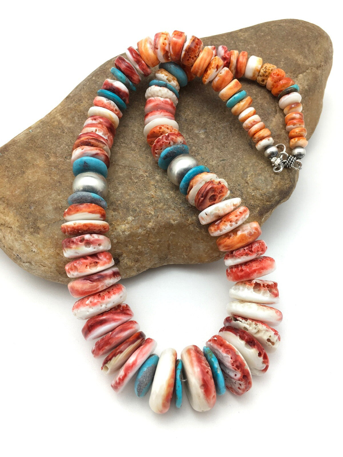Native Spiny Oyster Graduated Necklace Navajo Sterling Silver 20" 4177
