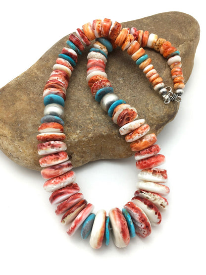Native Spiny Oyster Graduated Necklace Navajo Sterling Silver 20" 4177