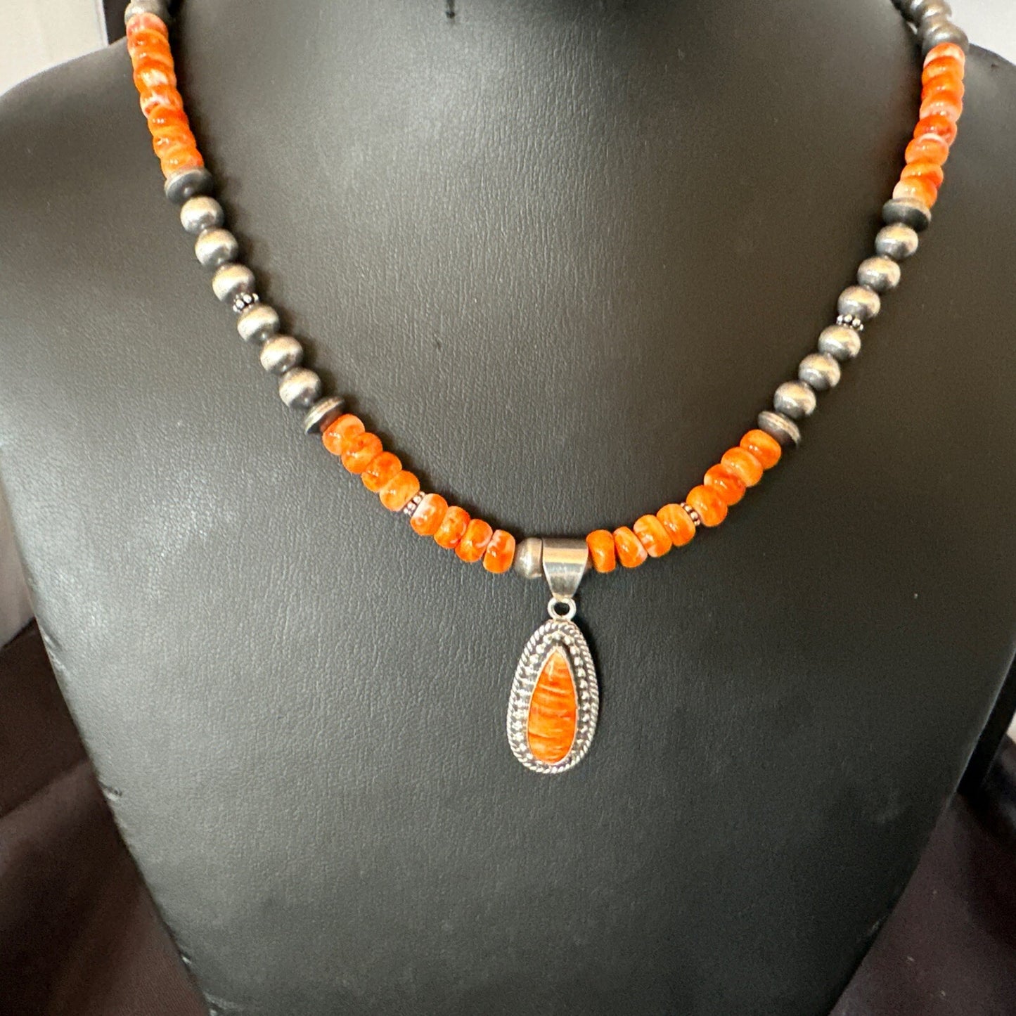 Orange Spiny Oyster Navajo Pearls Sterling Silver Necklace Pendant 18678