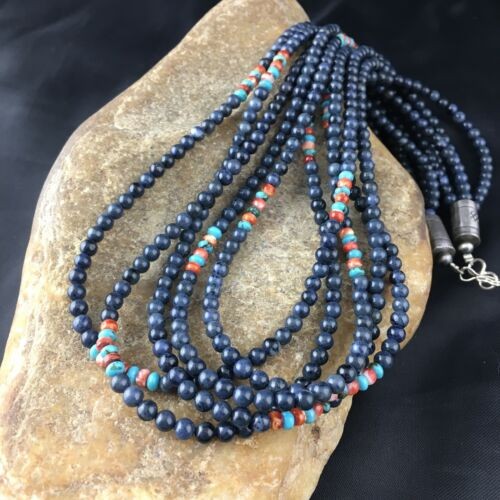 Navajo Dumortierite Turquoise Necklace 5 Strand Sterling Silver 21" 10243