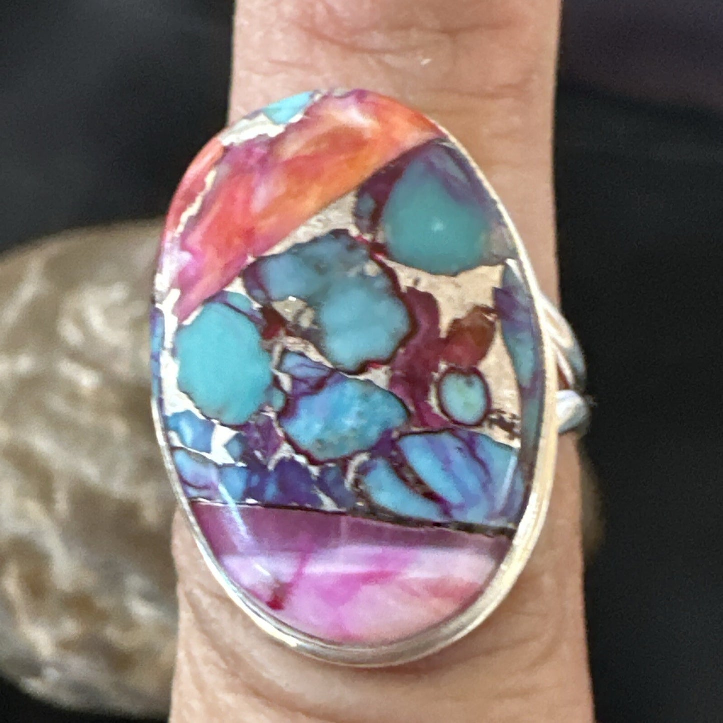 Blue Turquoise Spiny Oyster Southwestern Sterling Silver Ring Size 8 18484
