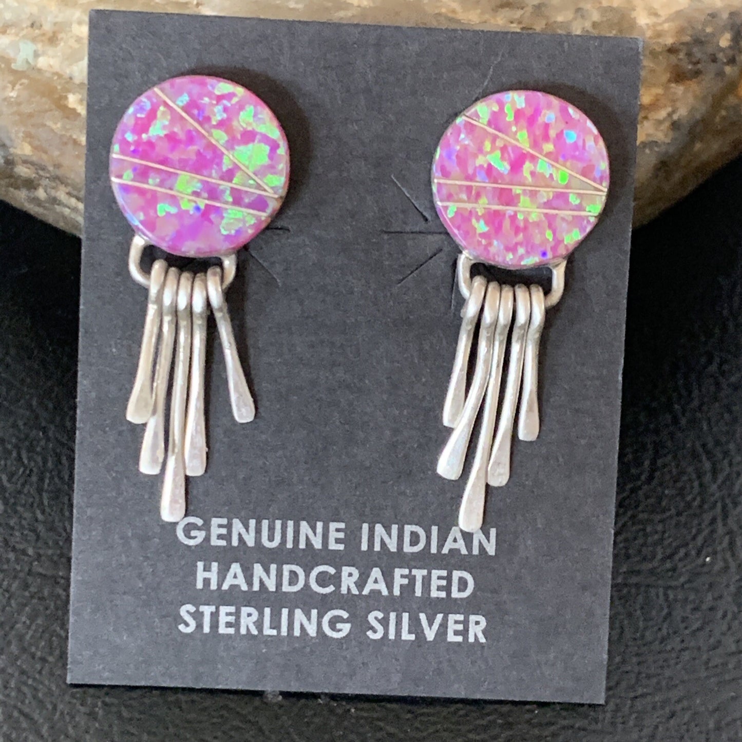Womens Pink Opal Inlay Navajo Sterling Silver Dangle Post Earrings 1.3" 12758