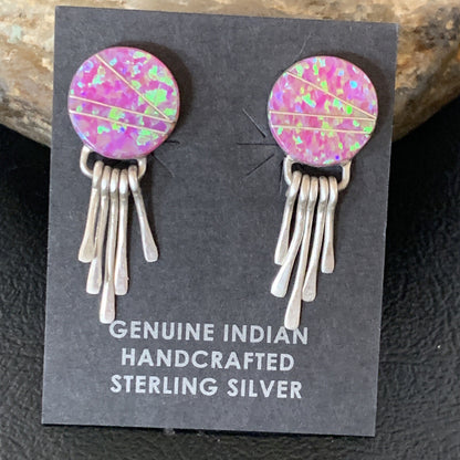 Womens Pink Opal Inlay Navajo Sterling Silver Dangle Post Earrings 1.3" 12758