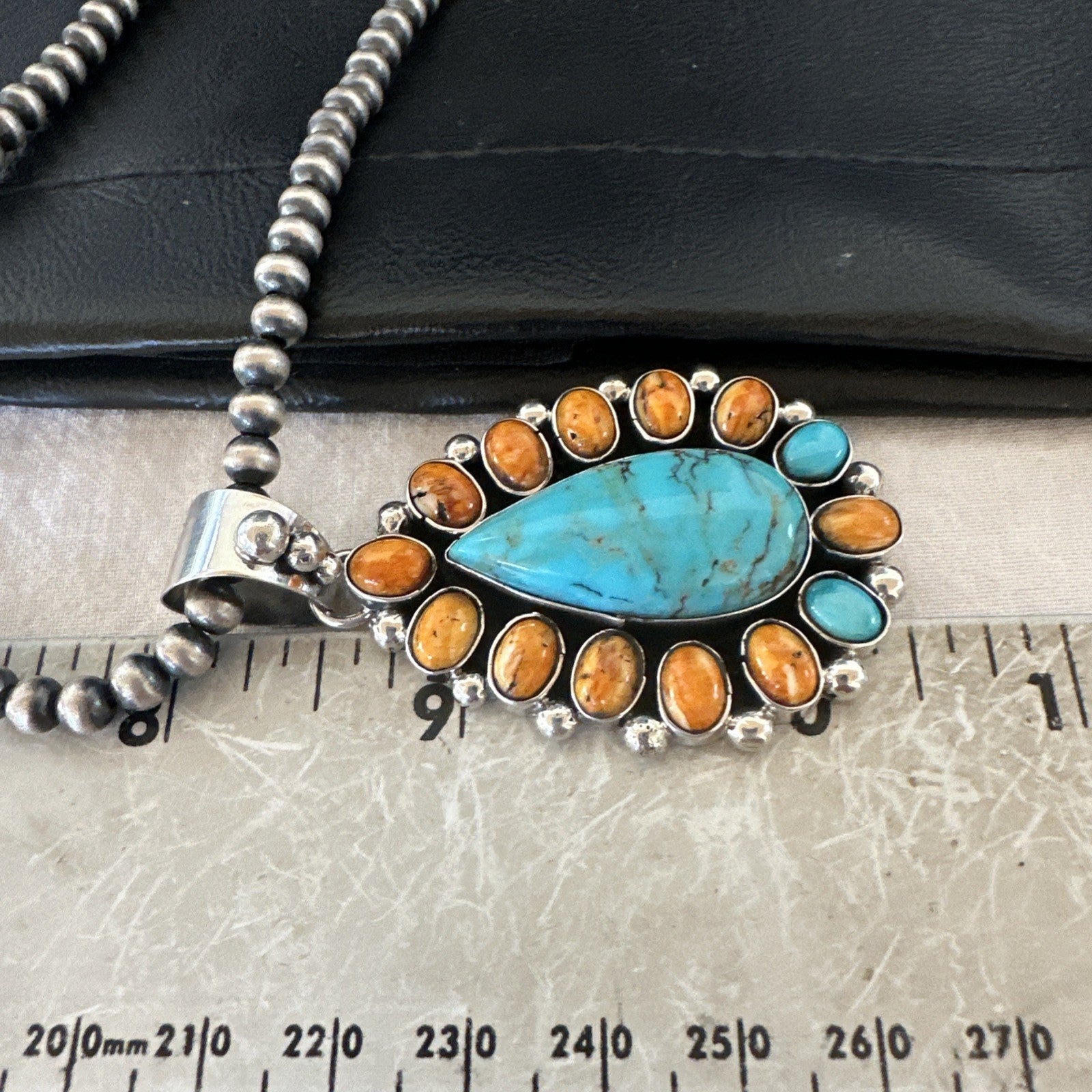 Multicolor Turquoise Spiny Navajo Sterling Silver Cluster Pendant Necklace 19559