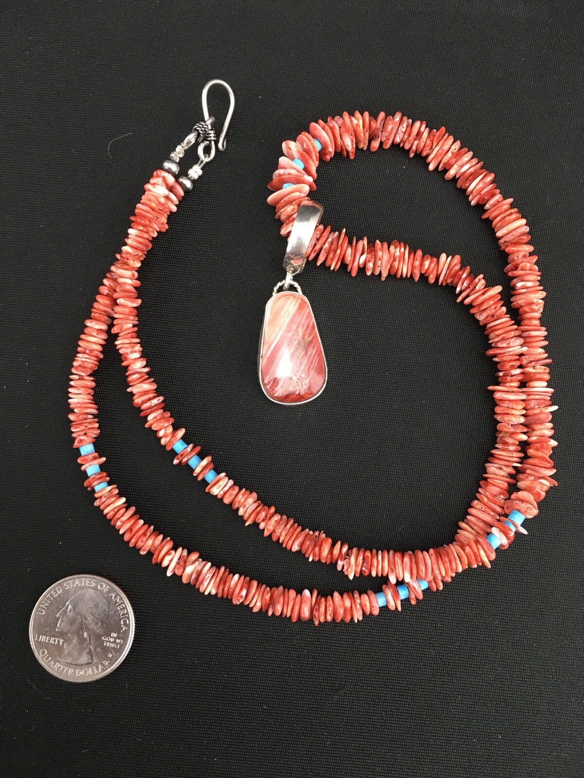 Spiny Oyster Pendant Turquoise Navajo Sterling Silver Beads Necklace 04890