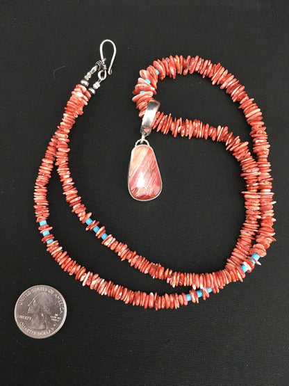 Spiny Oyster Pendant Turquoise Navajo Sterling Silver Beads Necklace 04890