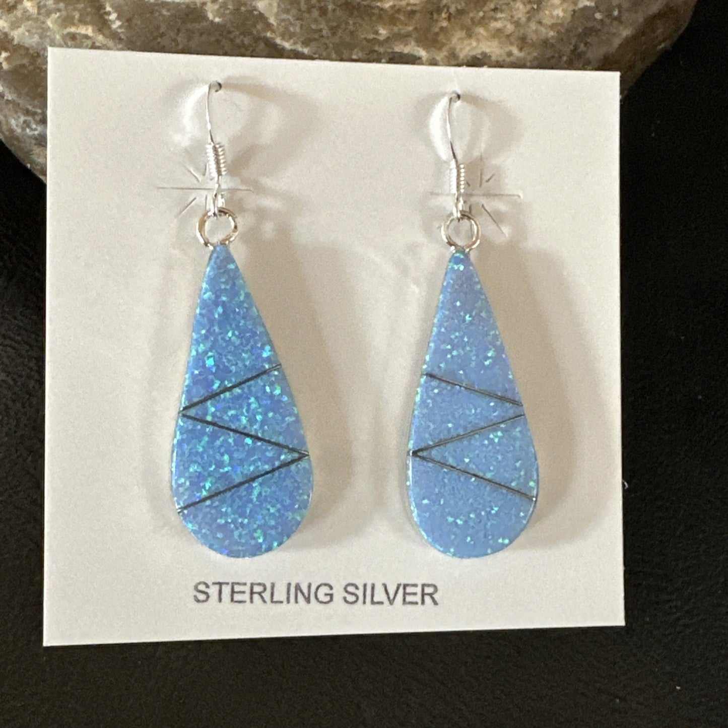 Blue Faux Opal Dangle Inlay Navajo Sterling Silver Earrings 19263