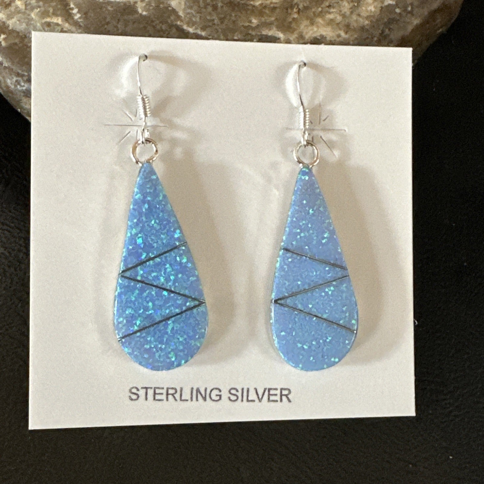 Blue Faux Opal Dangle Inlay Navajo Sterling Silver Earrings 19263