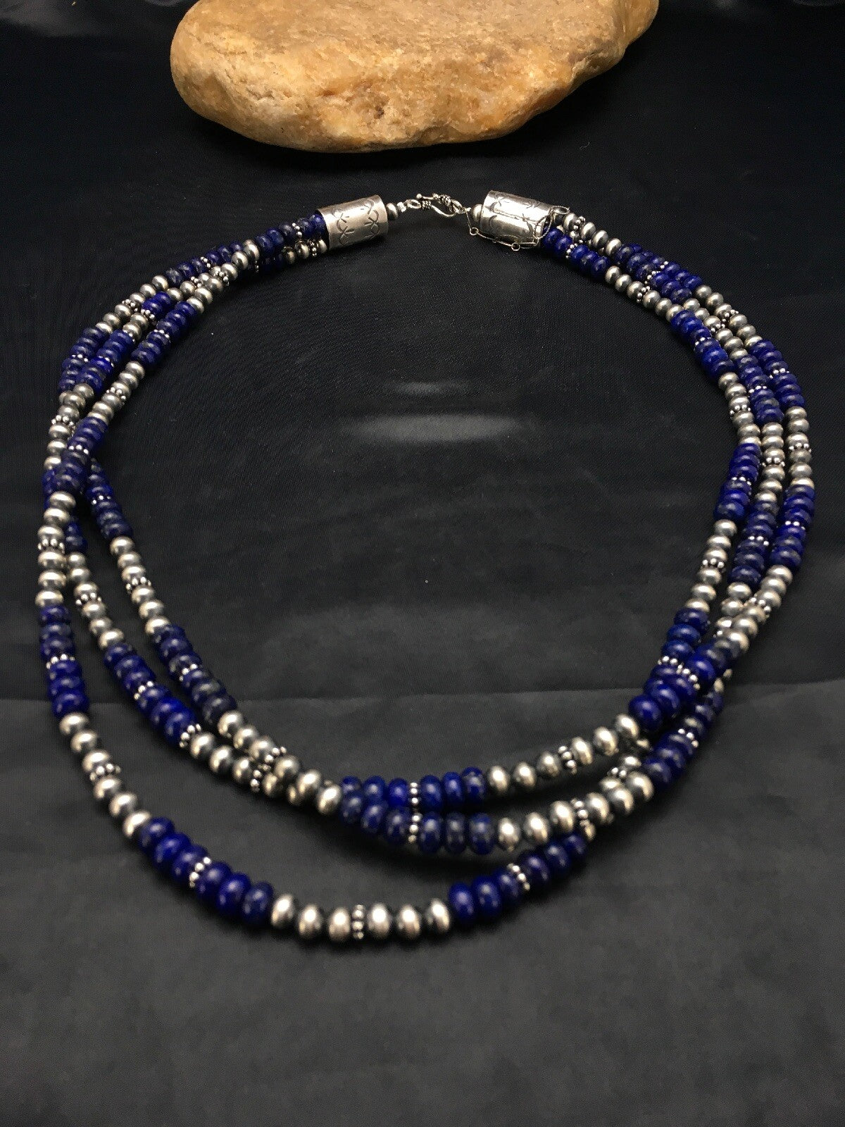 Blue Lapis Lazuli 3 Strands Navajo Sterling Silver Beads Necklace 02926