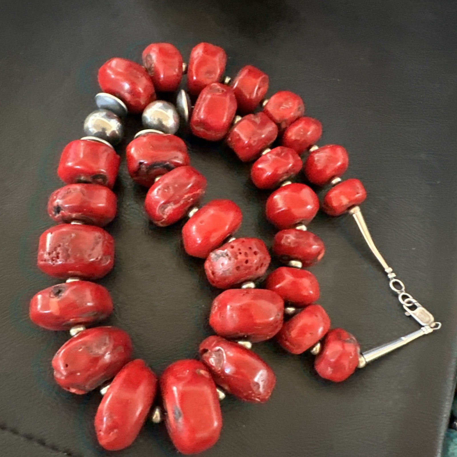 Chunky Navajo Red Bamboo Coral Sterling Silver Bead Necklace 24” Graduated 19532