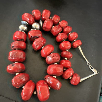 Chunky Navajo Red Bamboo Coral Sterling Silver Bead Necklace 24” Graduated 19532
