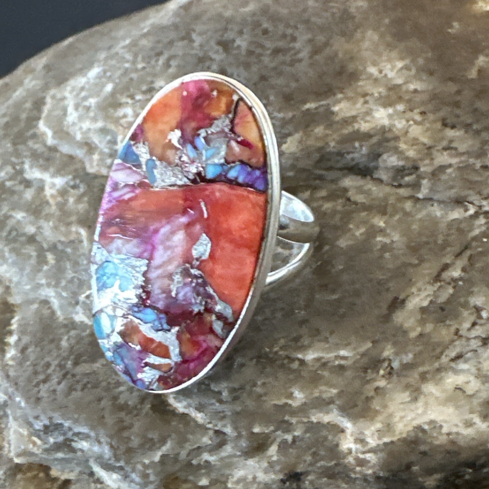 Blue Turquoise Spiny Oyster Southwestern Sterling Silver Ring Size 8 18481