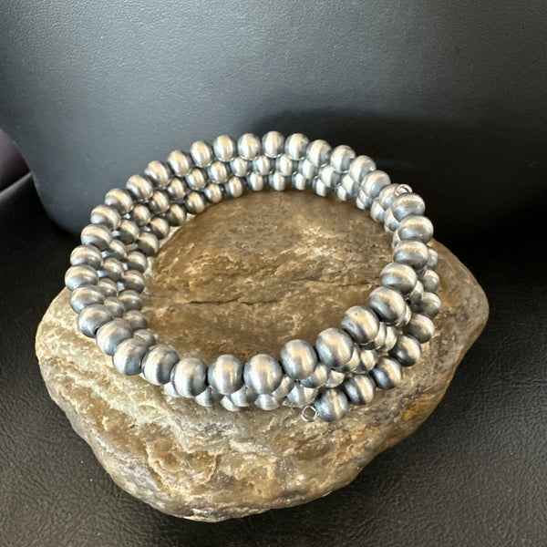 Navajo Pearls 6mm Beads Stainless Steel Wire Wrap Bracelet | Sterling Silver | Authentic Native American Handmade | 19021