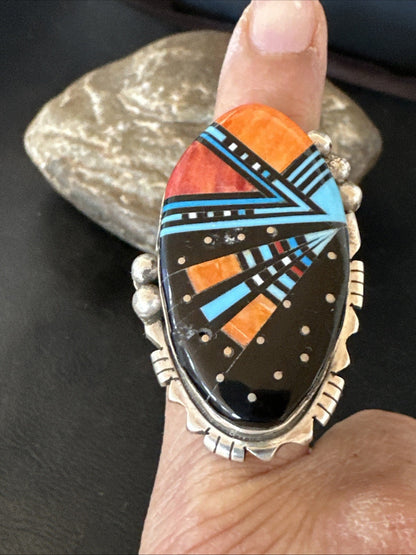 Onyx Turquoise Spiny Navajo Cosmic Inlay Sterling Silver Ring Size 10 19783