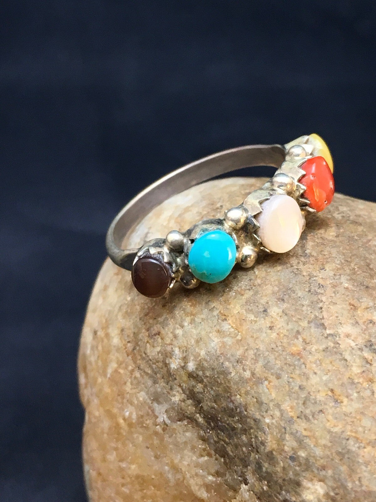 Blue Opal Coral & Turquoise Zuni Sterling Silver Ring Size 6.25 02501