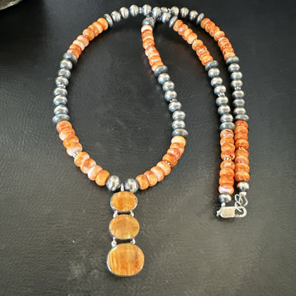 Navajo Pearls Sterling Silver Necklace Orange Spiny Oyster Pendant 20" 18264