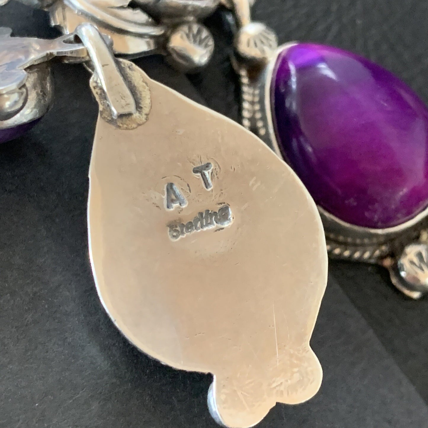 Purple Stone Navajo Sterling Silver Dangle Earrings 2" 12882