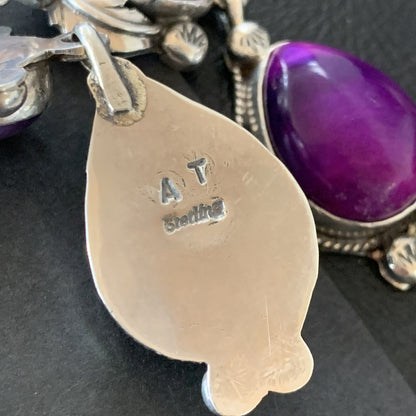 Purple Stone Navajo Sterling Silver Dangle Earrings 2" 12882