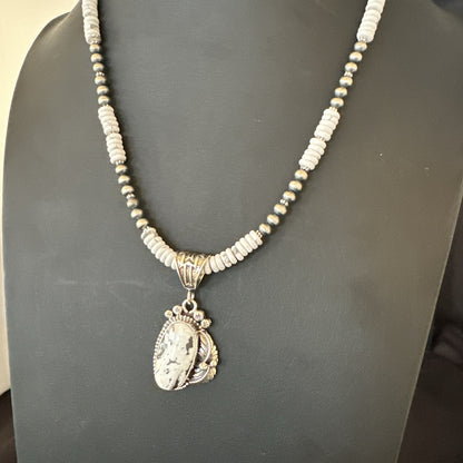 White Buffalo Turquoise Pendant Navajo Pearls Sterling Silver Necklace 20” 19498