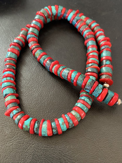 Mens Turquoise & Coral Heishi Navajo Sterling Silver Necklace 22” 14689