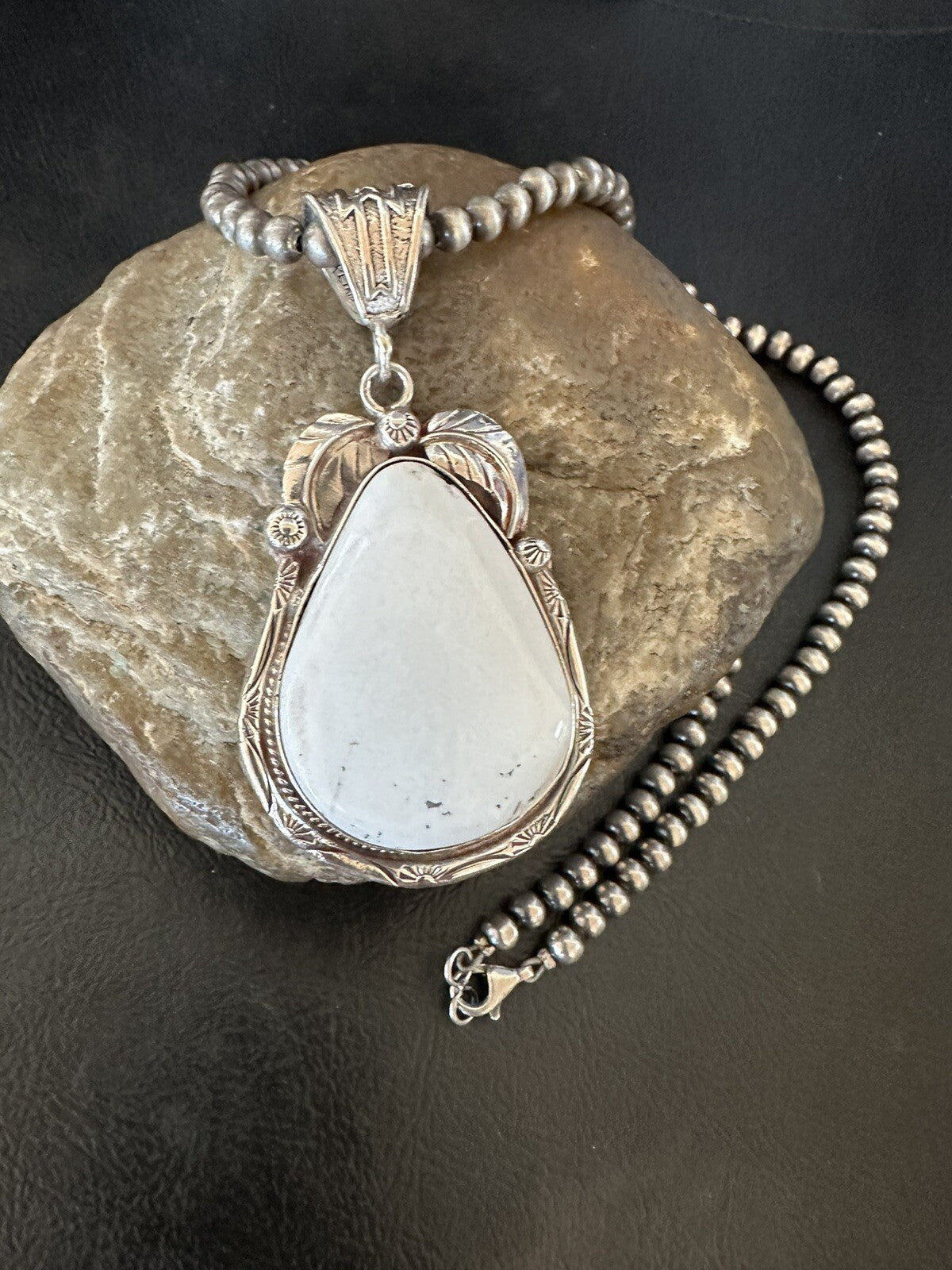 Mens White Buffalo Turquoise Pendant Sterling Silver Beads Necklace 18310