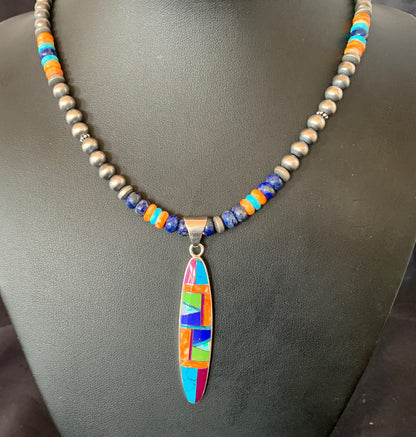 Turquoise & Spiny Oyster Inlay Pendant Navajo Sterling Silver Necklace 11637