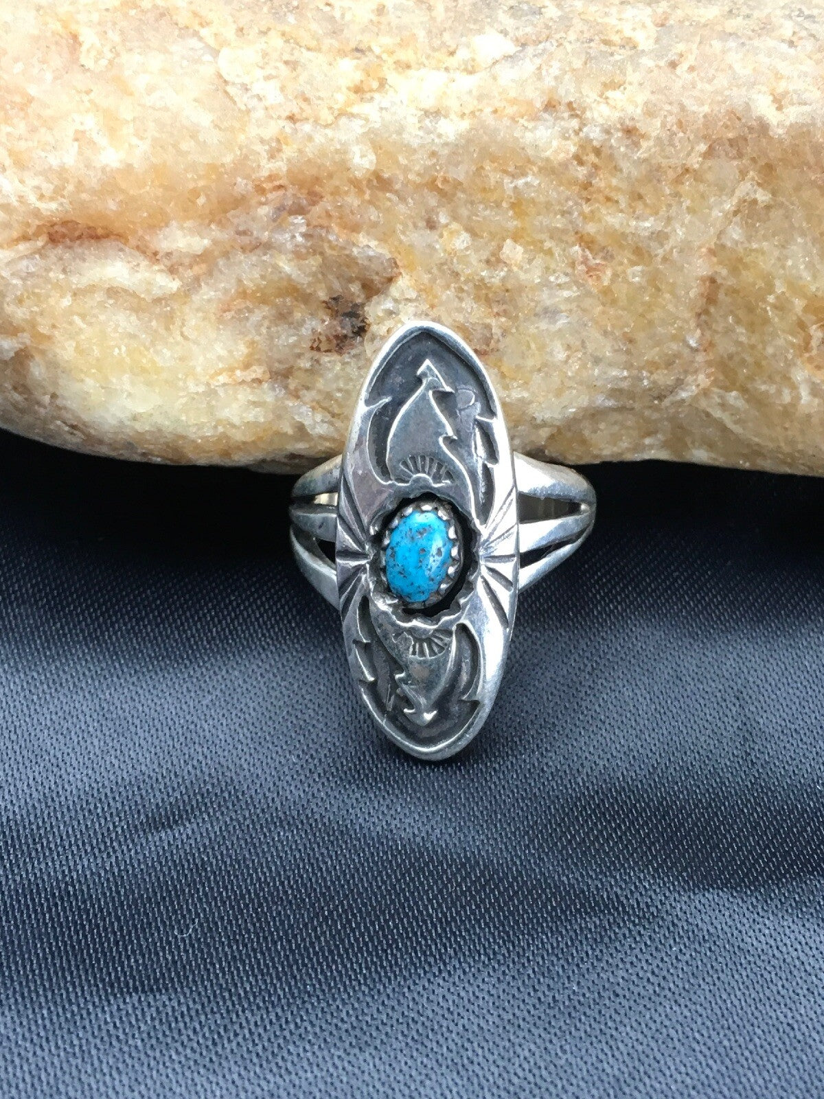Old Pawn Shadow Box Navajo Sterling Kingman Turquoise Ring Set5.75 2625