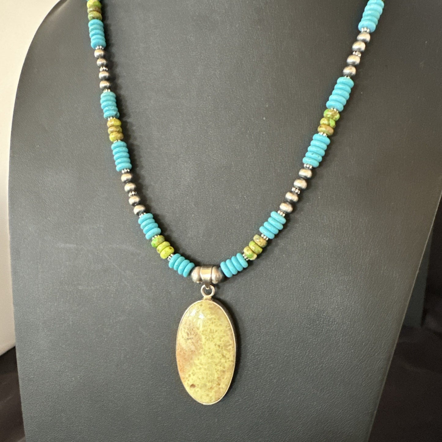 Green Gaspeite Pendant Blue Turquoise Navajo Sterling Silver Necklace 20" 19671