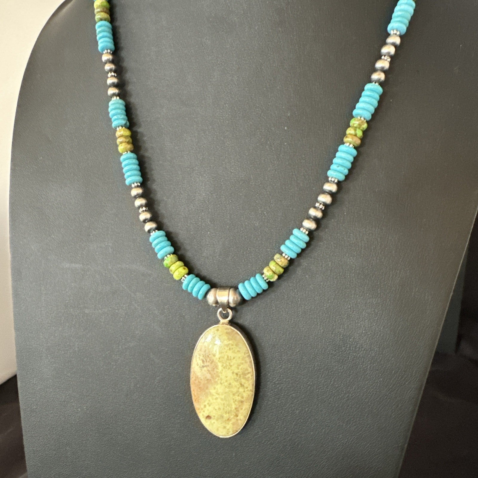 Green Gaspeite Pendant Blue Turquoise Navajo Sterling Silver Necklace 20" 19671