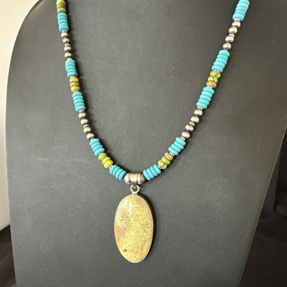 Green Gaspeite Pendant Blue Turquoise Navajo Sterling Silver Necklace 20" 19671