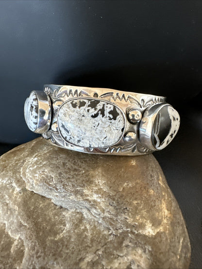 Mens White Buffalo Turquoise Navajo Sterling Silver Cuff Bracelet 7.5" 19428