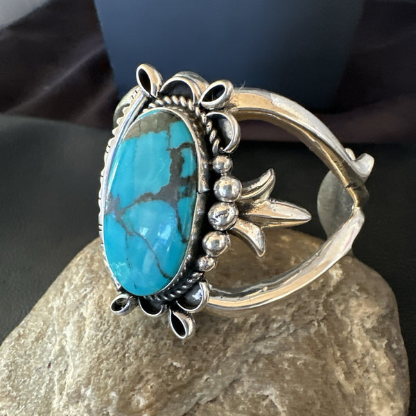 Yazzie Kingman Turquoise Navajo Tufa Cast Cuff Bracelet | Sterling Silver | Authentic Native American Handmade | 19691