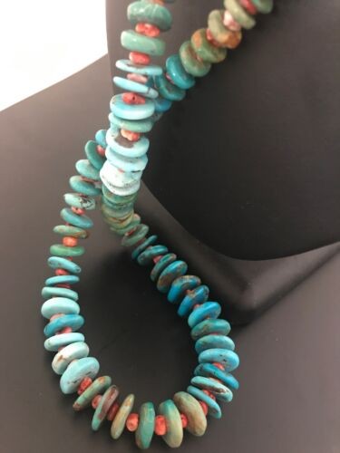 Navajo Blue Green Turquoise & Spiny Oyster Necklace Graduated 35" 8117