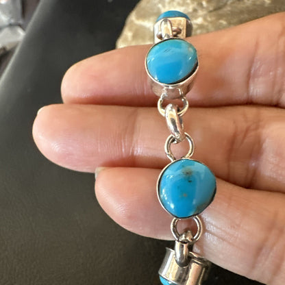 Childrens Blue Kingman Turquoise Navajo Sterling Silver Link Bracelet 6.5" 18300