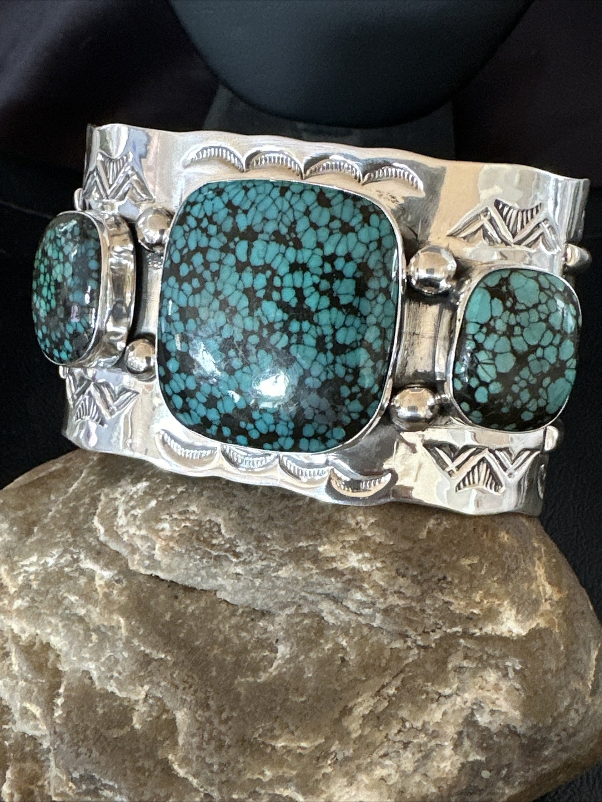 XL Blue Kingman Turquoise 3 Stone Navajo Sterling Silver Cuff Bracelet 18022
