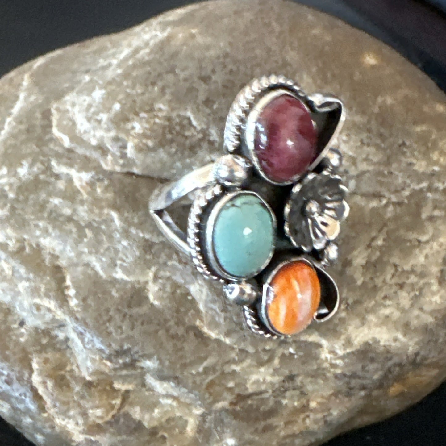 Multicolor Ring Turquoise Spiny Navajo Sterling Silver Cluster Size 9 19172