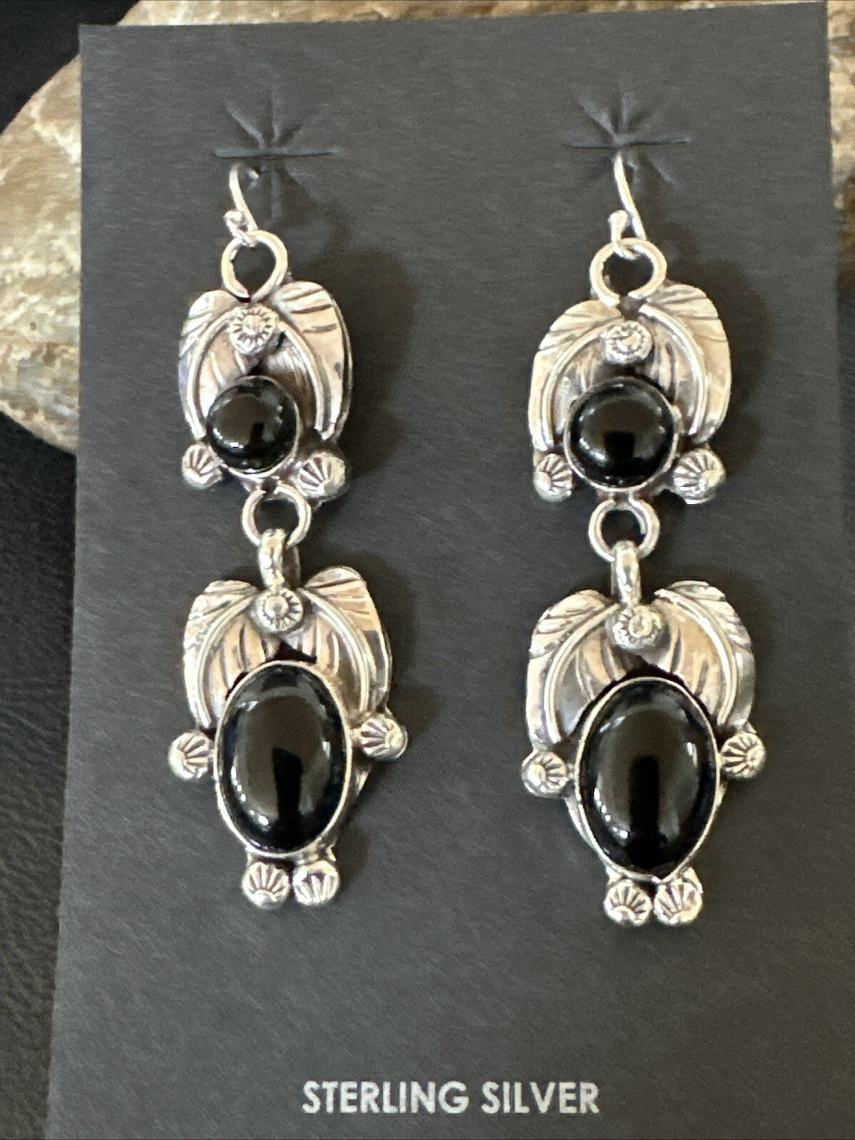 Black Onyx Navajo Sterling Silver Dangle Earrings 1.5" 18285