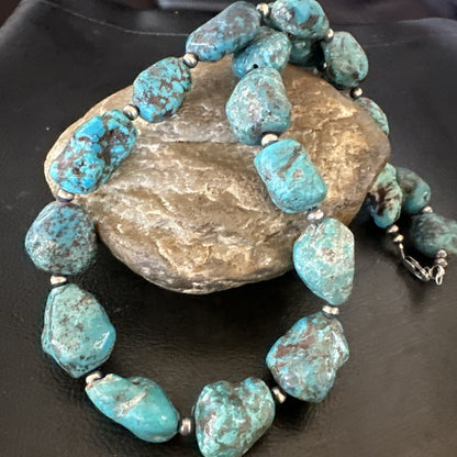 Mens Womens Chunky Blue Nugget Turquoise Navajo Sterling Silver Necklace 18673