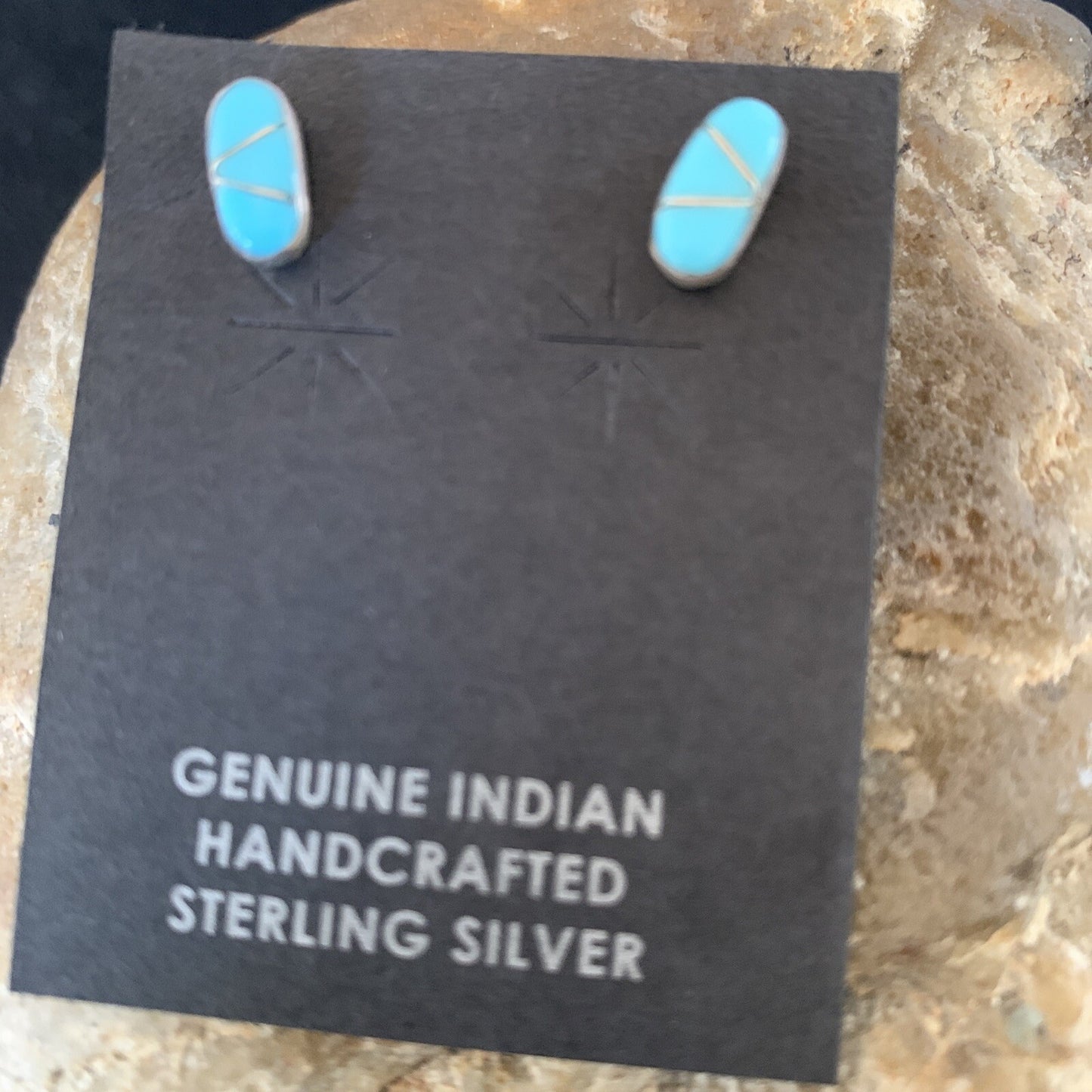 Zuni Handmade Kingman Turquoise Inlay Sterling Stud Post Earrings 13025