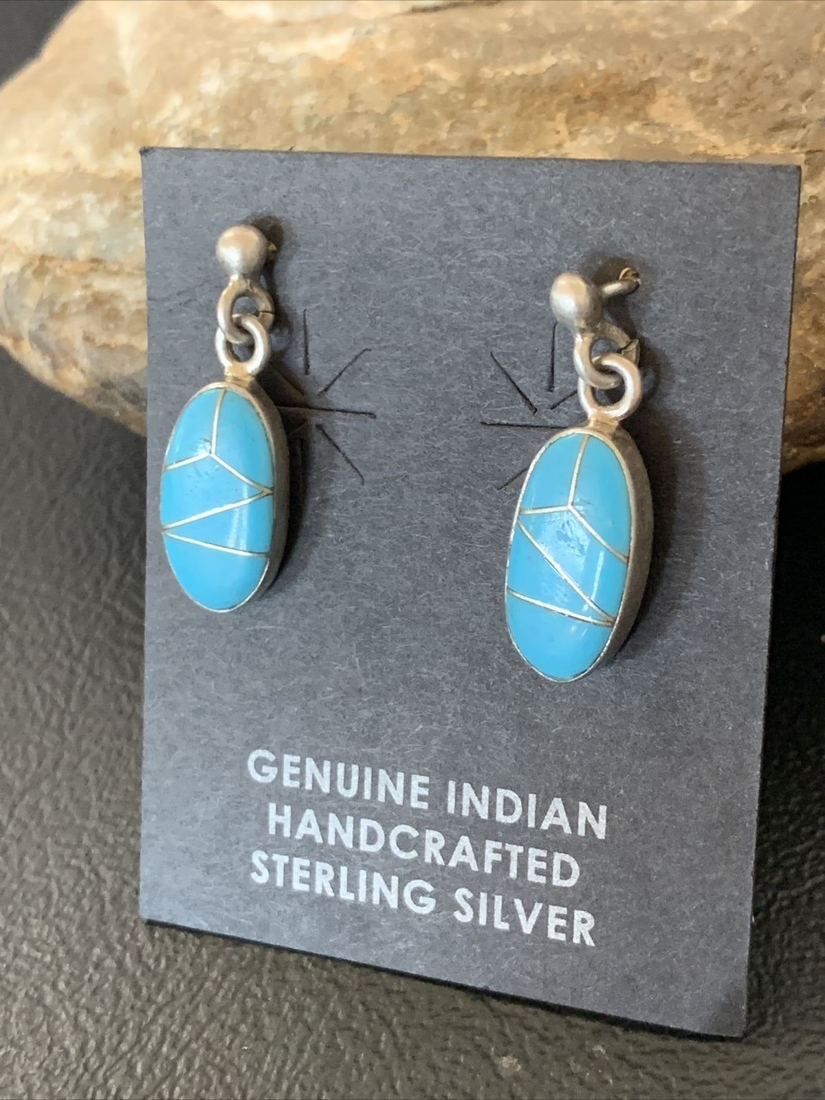 Navajo Blue Turquoise Sterling Silver Dangle Post Inlay Earrings 0.7" 12719