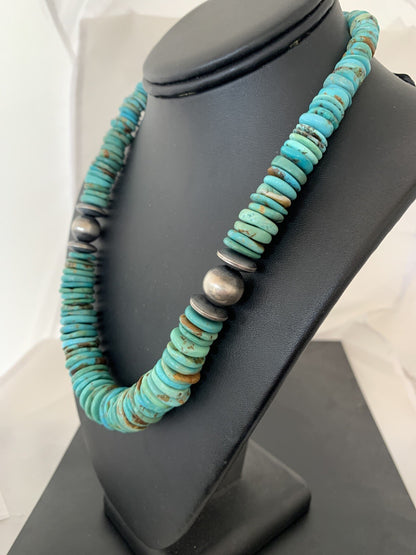 Blue Turquoise Graduated Navajo Pearls Sterling Silver Necklace 00248