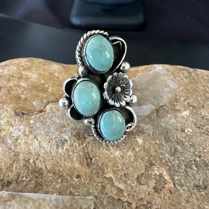 Yazzie Ring Green Turquoise Navajo Sterling Silver Cluster Size 8 19223