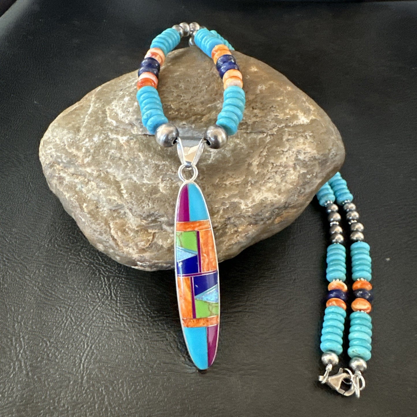 Multicolor Turquoise Spiny Navajo Sterling Silver Inlay Pendant Necklace 19653