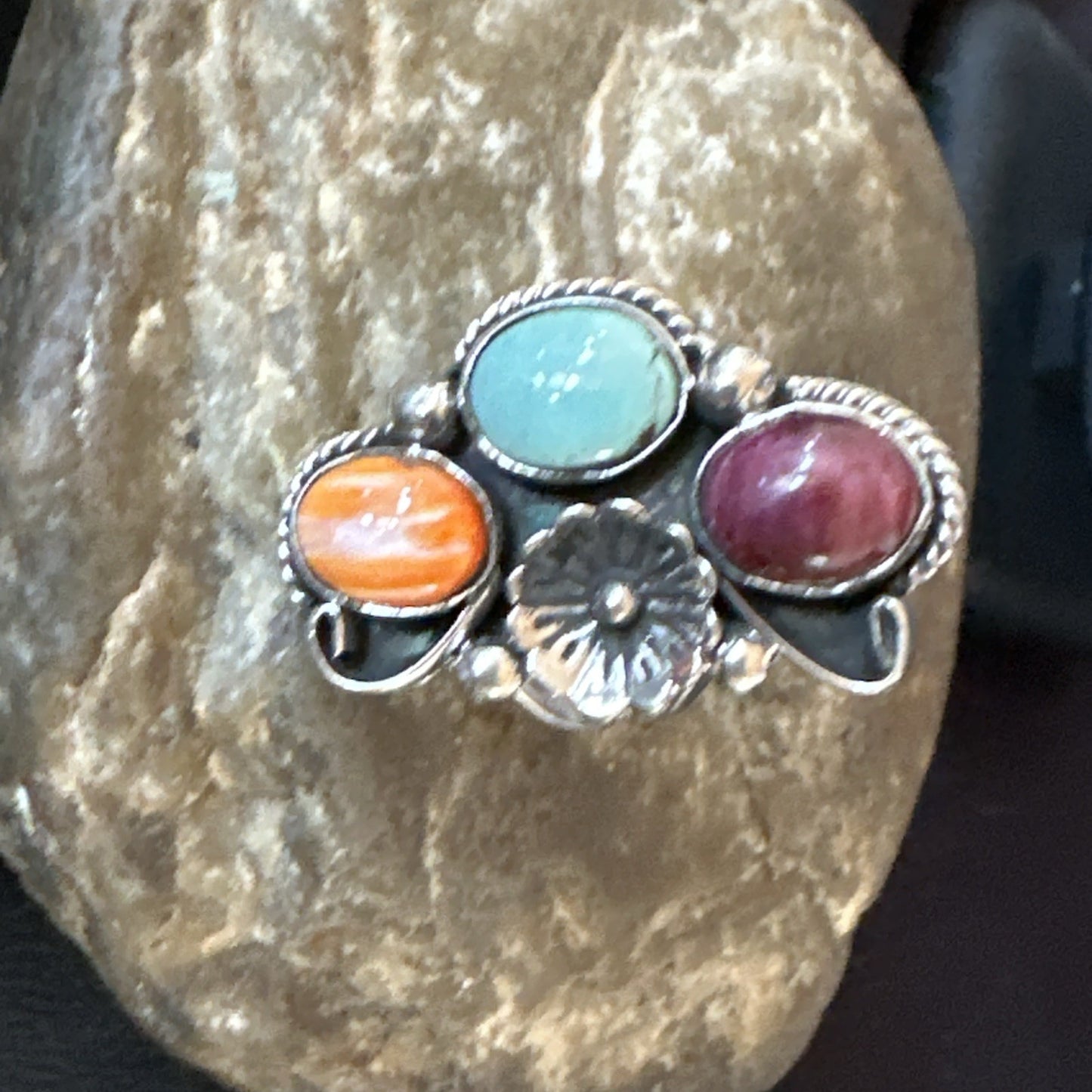 Multicolor Ring Turquoise Spiny Navajo Sterling Silver Cluster Size 9 19172